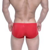 MetroMaleWear Oscar Boxer red swim trunks with smooth stretchy fabric and small back pocket shown from the back side