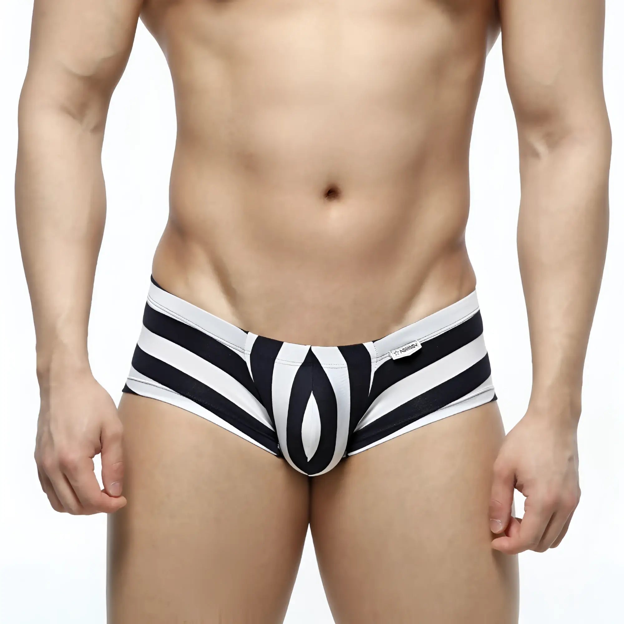 Black and white striped mens briefs with bold geometric pattern from metromalewear oscar boxer stripe collection