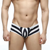 Black and white striped mens briefs with bold geometric pattern from metromalewear oscar boxer stripe collection
