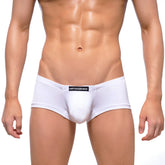 White mens briefs with ribbed texture and black brand label on waistband from metromalewear oscar boxer line