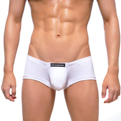 White mens briefs with ribbed texture and black brand label on waistband from metromalewear oscar boxer line