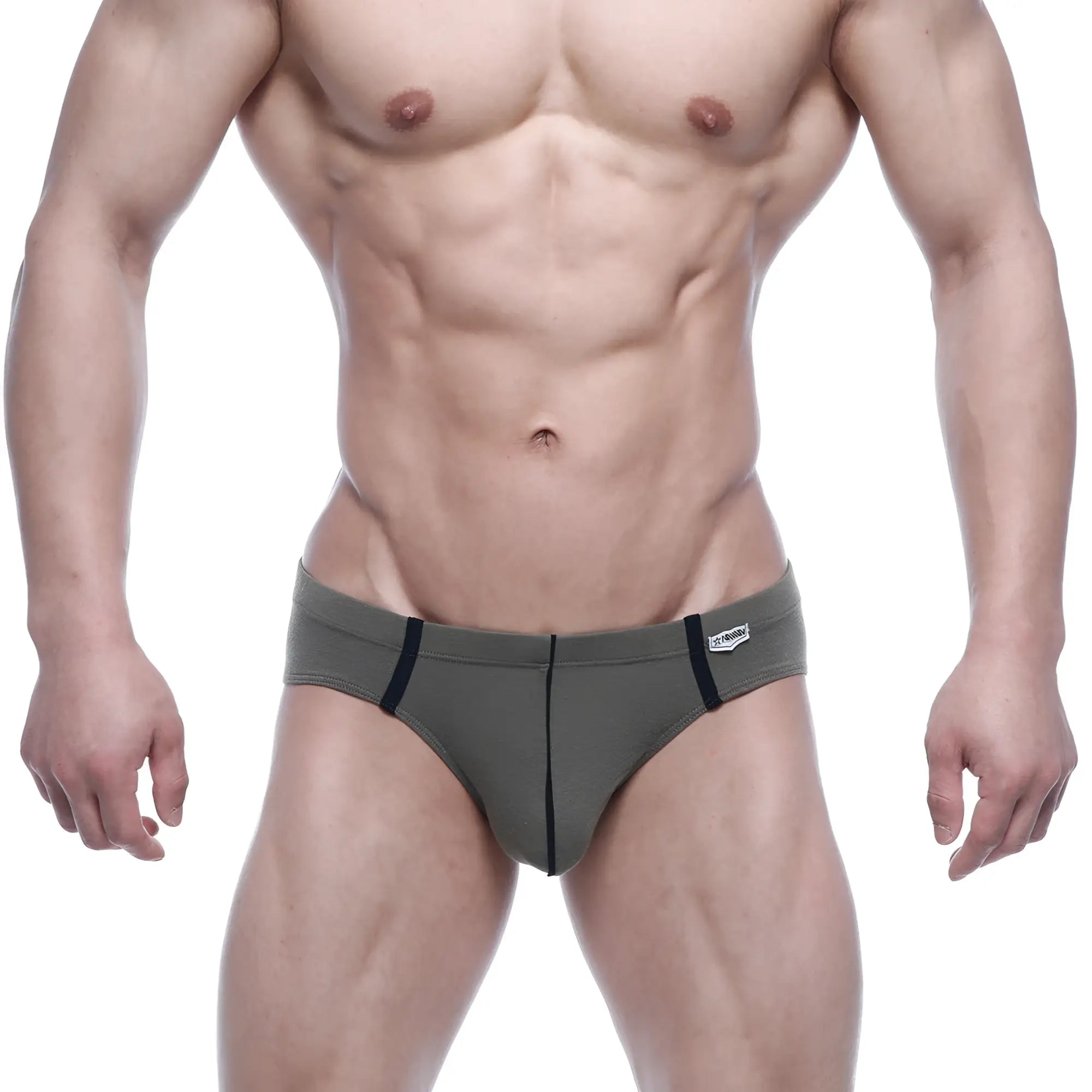 MetroMaleWear Oslo hip brief green olive athletic briefs with black trim and white brand tag on waistband front view