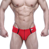 Red MetroMaleWear Oslo hip brief with black side stripes and a white brand tag on the waistband
