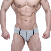 Metro malewear oslo thong gray heathered briefs with black trim and small brand tag on waistband front side