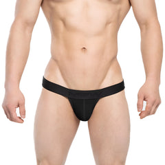 Black men’s thong with narrow waistband featuring men branding in metro malewear ostion bikini black 3005-20