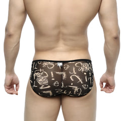MetroMaleWear over-limit bikini black sheer mesh briefs with bold white graffiti-style lettering and symbols