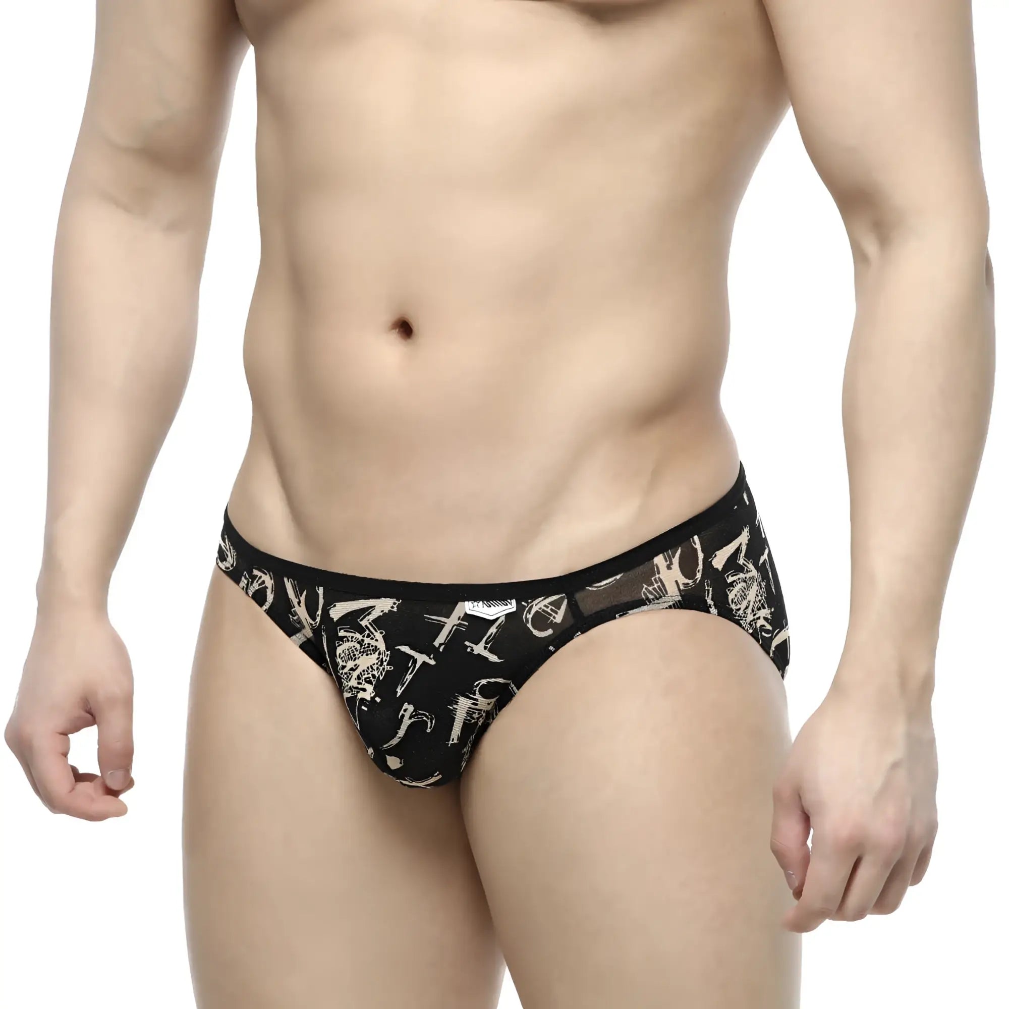 Black metro male wear over-limit bikini briefs with white graphic pattern and sheer mesh detailing