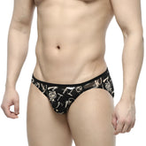 Black metro male wear over-limit bikini briefs with white graphic pattern and sheer mesh detailing