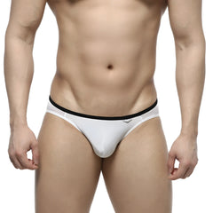 White men’s briefs metroMalewear over-limit bikini with black elastic waistband in white cotton fabric
