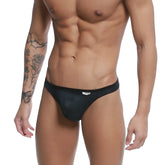 MetroMaleWear Over-Limit thong black mesh briefs with subtle sheen and small white logo on waistband front view