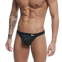 MetroMaleWear Over-Limit thong black mesh briefs with subtle sheen and small white logo on waistband front view
