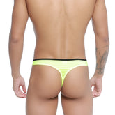 Bright neon yellow MetroMaleWear Over-Limit thong with black waistband and subtle horizontal stripes shown from the front