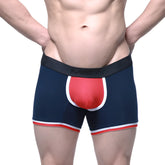 Men’s navy blue boxer briefs with red white pouch accent and black waistband featuring men logo metro male wear oviedo short boxer