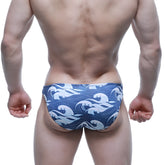 Blue swim trunks with white wave pattern metroMalewear Pado Lowrise Bikini 6115-66 front view
