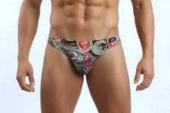 MetroMaleWear paisley bikini briefs in black red and gold with a paisley pattern and logo on the waistband