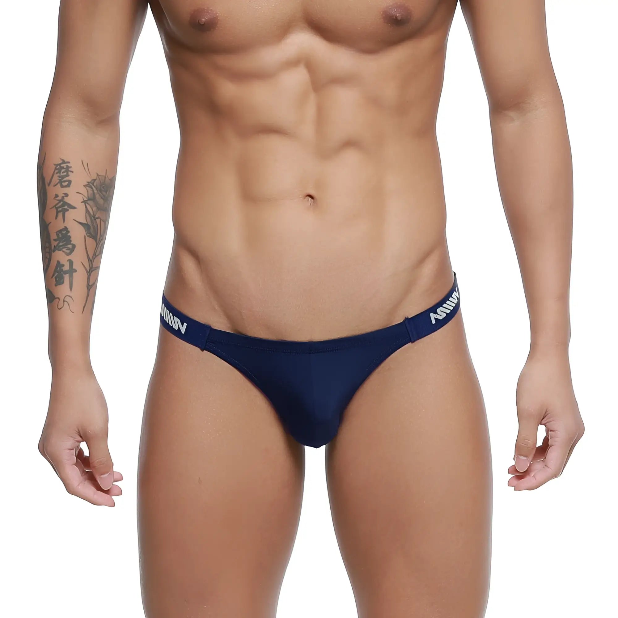 Navy blue metroMalewear paleta bikini briefs with white branding on the waistband designed for comfortable wear