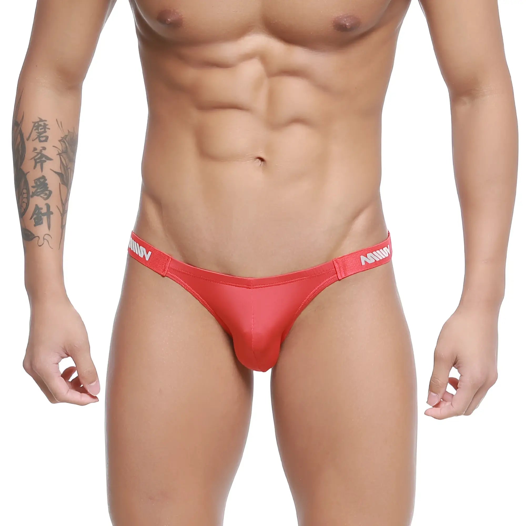 Red men’s MetroMaleWear Paleta Bikini thong with white branded waistband in a comfortable stretch fabric