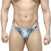 Light blue metro malewear palma bikini briefs with black leaf pattern and small logo on waistband for men