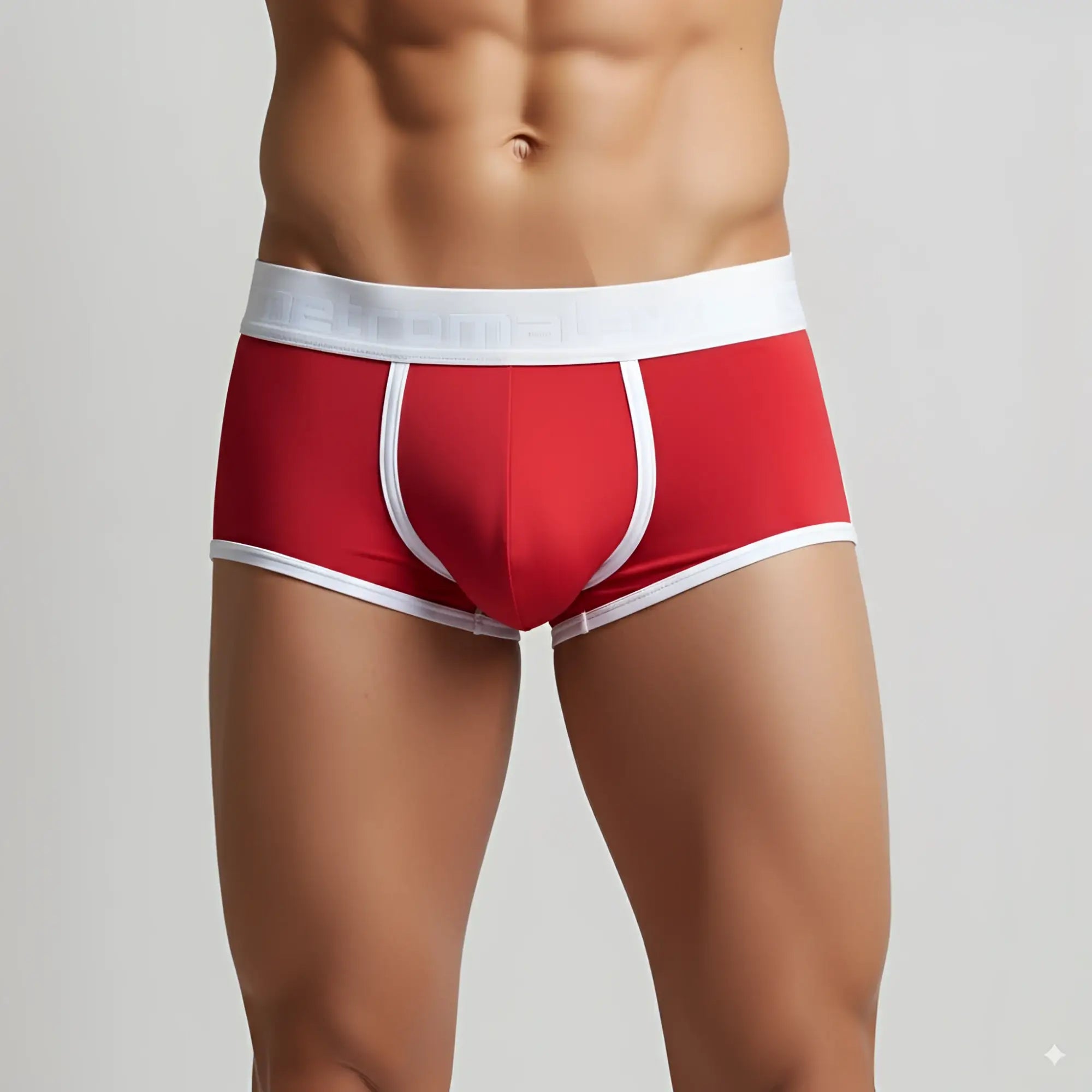 Red metro malewear palma boxer jock briefs with white trim and branded waistband for comfortable support