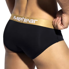 Metro Male Wear panel bikini briefs in black with gold waistband and white lettering for stylish comfort