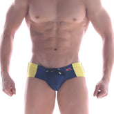 Metro male wear panel swim brief navy 4935-28 featuring blue and yellow swim trunks with black drawstring waistband