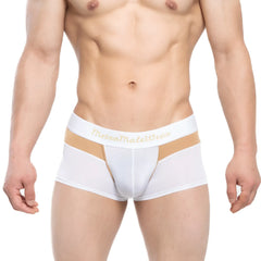 White men’s briefs with a tan accent stripe and gold metromalewear branding on the waistband metroMalewear Parisienne 2026-87