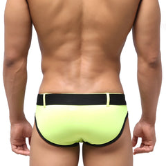 Metro male wear patagonia neon yellow swim brief with neon green fabric and black elastic waistband and trim