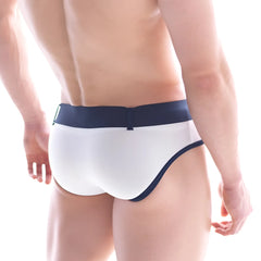 White MetroMaleWear Patagonia swim brief with navy blue waistband and trim designed for comfortable swimming