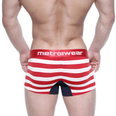 Red and white striped men’s boxer briefs with navy blue back panel and metro2wear waistband from metroMalewear patriot short boxer 2022-91