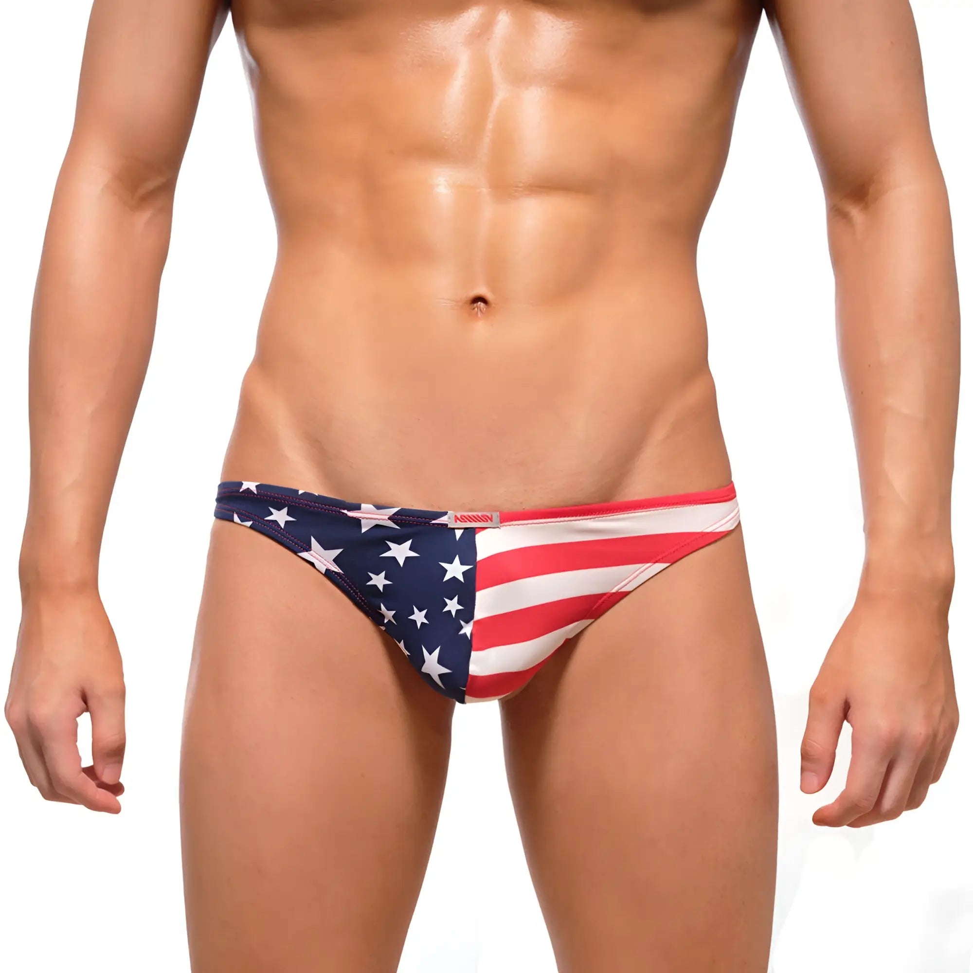 MetroMaleWear patriot thong 2302-94 men’s swim trunks with american flag star and stripe design in red white and blue