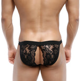Black lace thong with intricate floral patterns and solid elastic waistband from MetroMaleWear peek-a-boo bikini black 1204-20