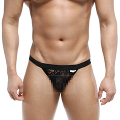 Black lace thong with a solid black waistband from metromalewear peek-a-boo bikini black 1204-20