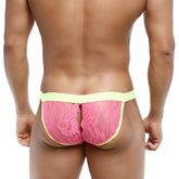 Pink lace thong with neon yellow waistband from metromalewear peek-a-boo bikini pink 1204-02 front view