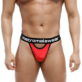 MetroMaleWear peek-a-boo thong in red and black with bold contrasting design and breathable material for men