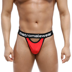 MetroMaleWear peek-a-boo thong in red and black with bold contrasting design and breathable material for men