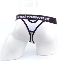 MetroMaleWear peek-a-boo thong in white and black metrowear fabric with bold contrasting design shown from the back side