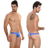 Bright blue form-fitting swim trunks with smooth stretchy fabric and low-rise cut from MetroMaleWear perfect scene askin thong royal 2002-18