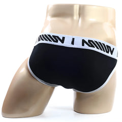 Black briefs with white elastic waistband and bold black lettering from MetroMaleWear Perfect Scene Bikini 1004-20