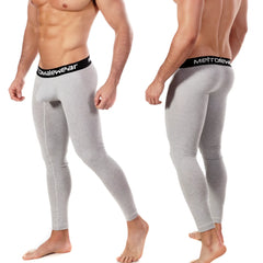 Gray heathered men’s cotton compression tights with black elastic waistband branded metrowear for active wear