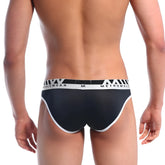 Black mens briefs with white trim and metromale branded waistband metro male wear perfect scene hip brief black 1003c-20