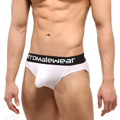 White men’s briefs metroMalewear Perfect Scene hip brief core with black waistband and chromalewear logo in white