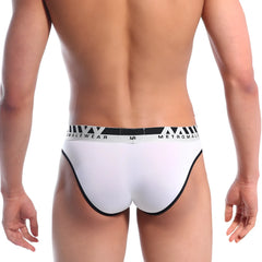 White metro malewear perfect scene hip briefs with black trim and branded waistband for comfortable everyday wear