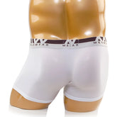 White men’s boxer briefs with a dark brown and white metro elastic waistband perfect for daily wear