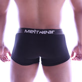 Black MetroMaleWear Perfect Scene hip trunk boxer briefs with gray waistband and white lettering visible on front side