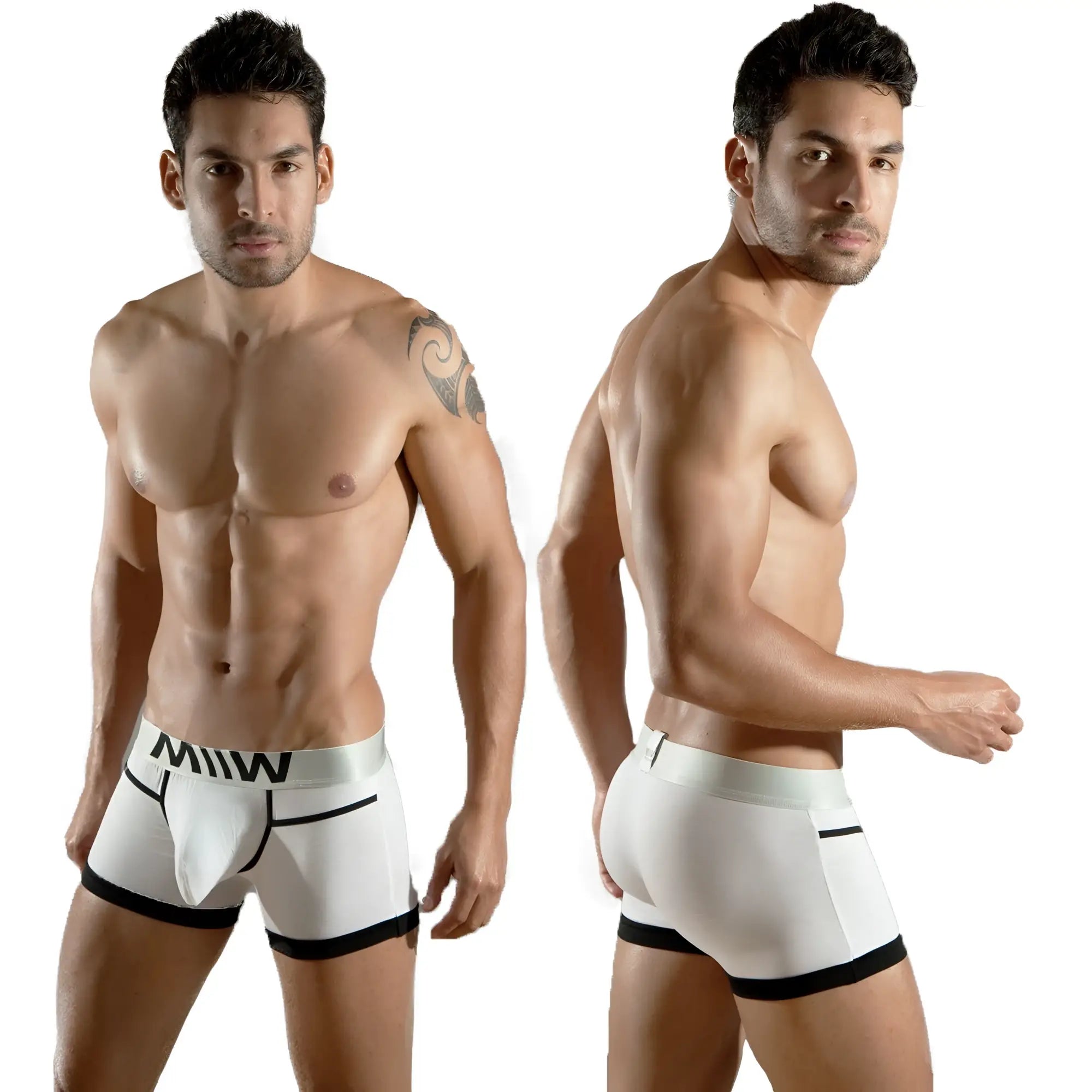 White mens briefs with black trim and bold miw logo on waistband from metromalewear perfect scene hip trunk 1013-00