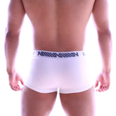 White men’s briefs with a navy blue logo band from metromalewear perfect scene hip trunk 1013-02