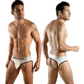 White miw brand briefs with black trim and bold logo waistband from metromalewear perfect scene jock strap 1001-00