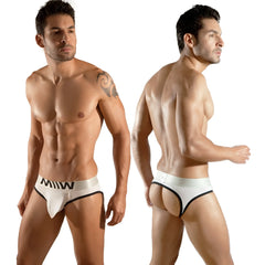 White miw brand briefs with black trim and bold logo waistband from metromalewear perfect scene jock strap 1001-00