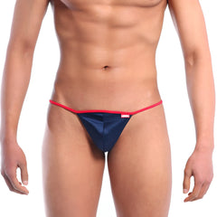 Navy blue satin thong with red elastic waistband and front logo from metromalewear perfect scene string 2014-28