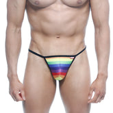 MetroMaleWear Perfect Scene String rainbow thong with black elastic waistband and small red brand tag visible from front